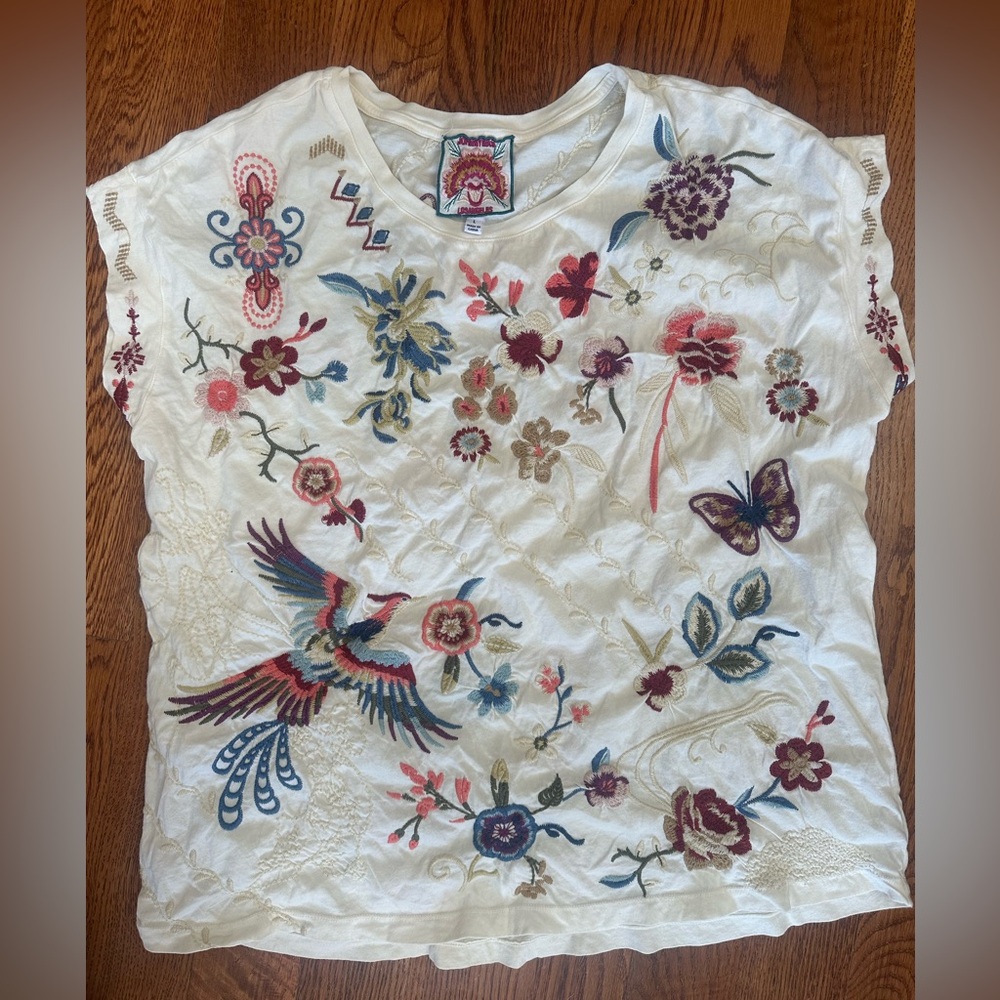 Johnny Was Cream Floral Embroidered Tee